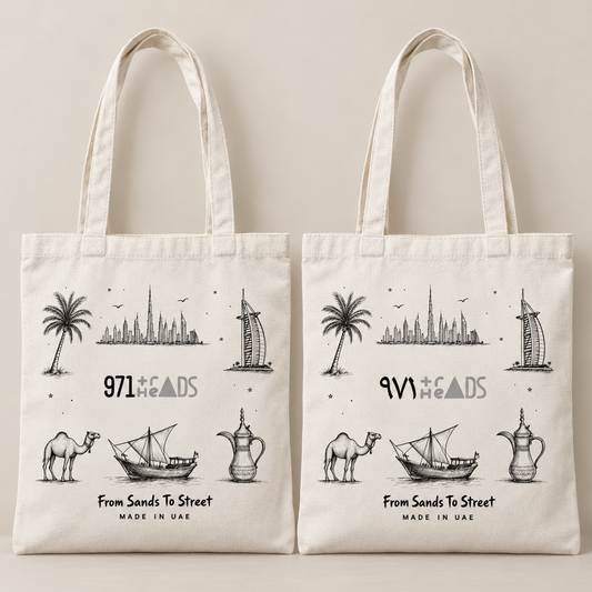 971 Threads From Sands To Street tote bag in natural cream canvas with hand-drawn UAE icons