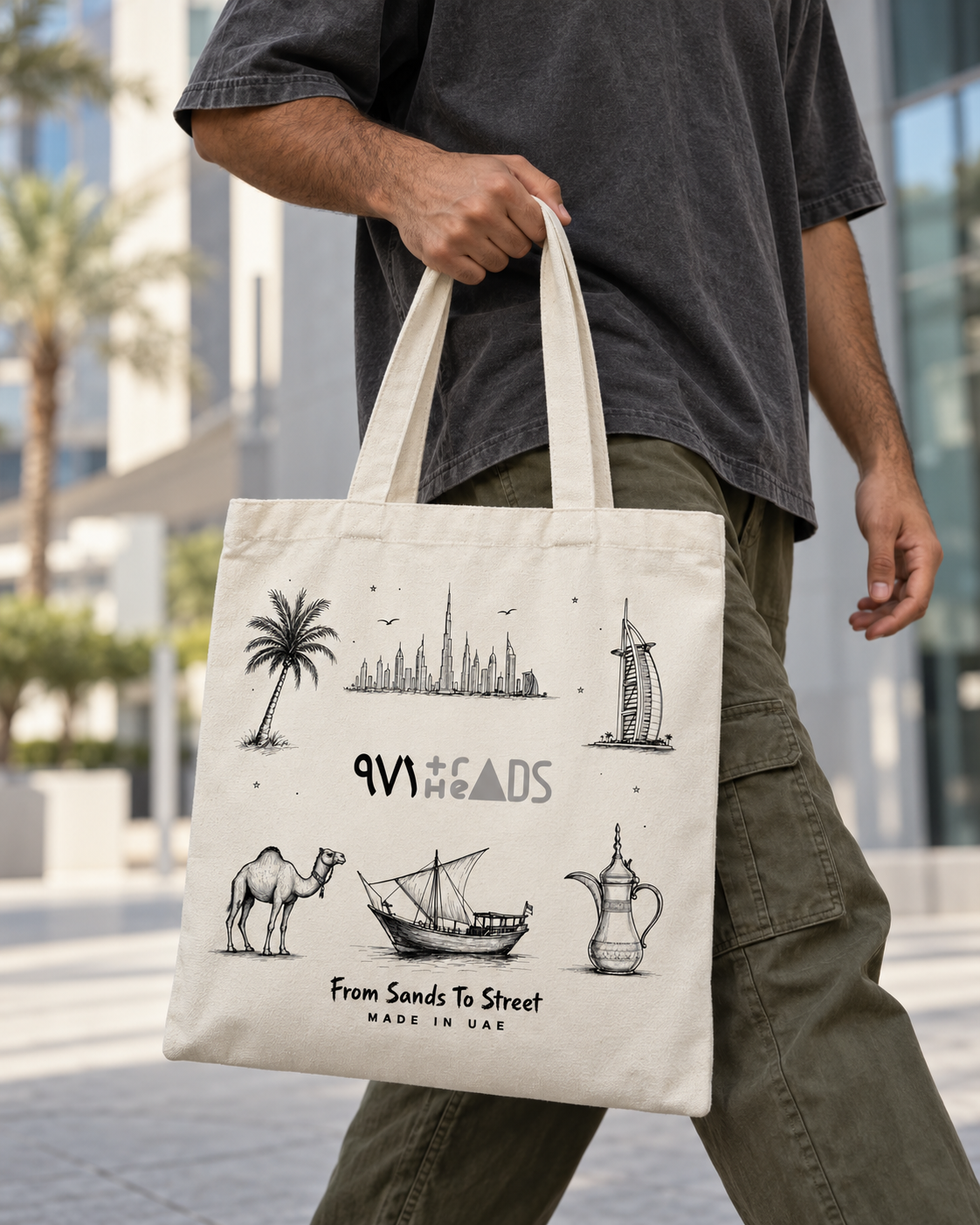 971 Threads canvas tote bag with English and Arabic 971 logo, From Sands To Street, Made in UAE