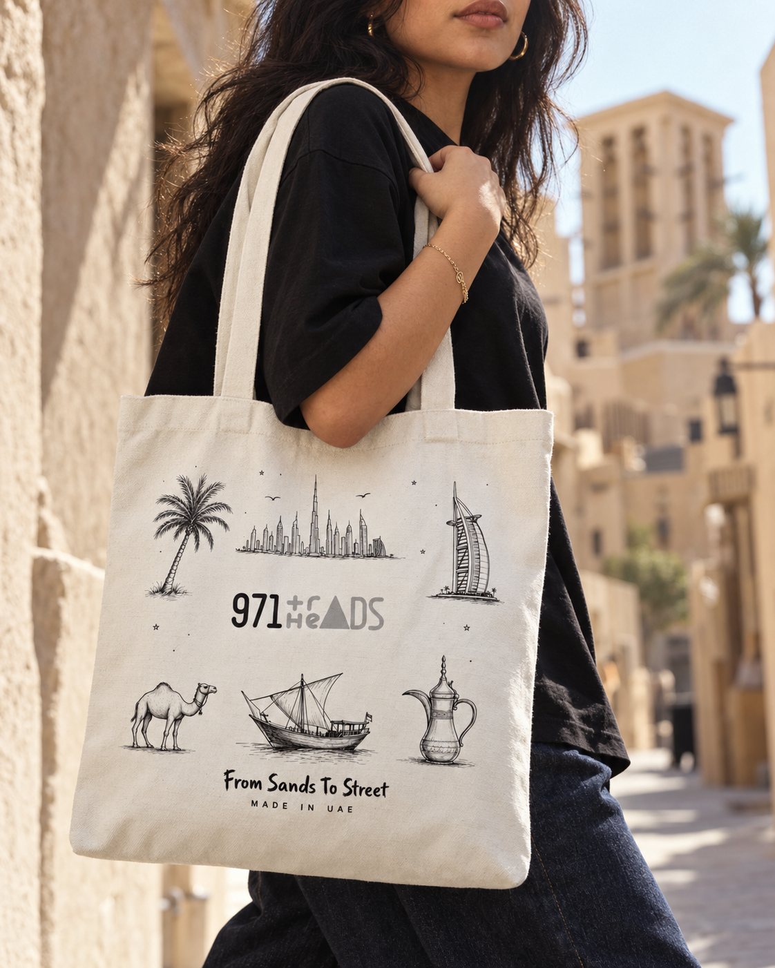 971 Threads double-sided tote bag with palm tree, Dubai skyline, Burj Al Arab, camel, dhow and dallah artwork